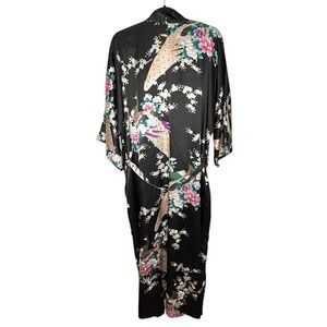 Kim + Ono Kimono Robe Womens One Size Boho Asian Art Floral Silky‎ Lounge Black